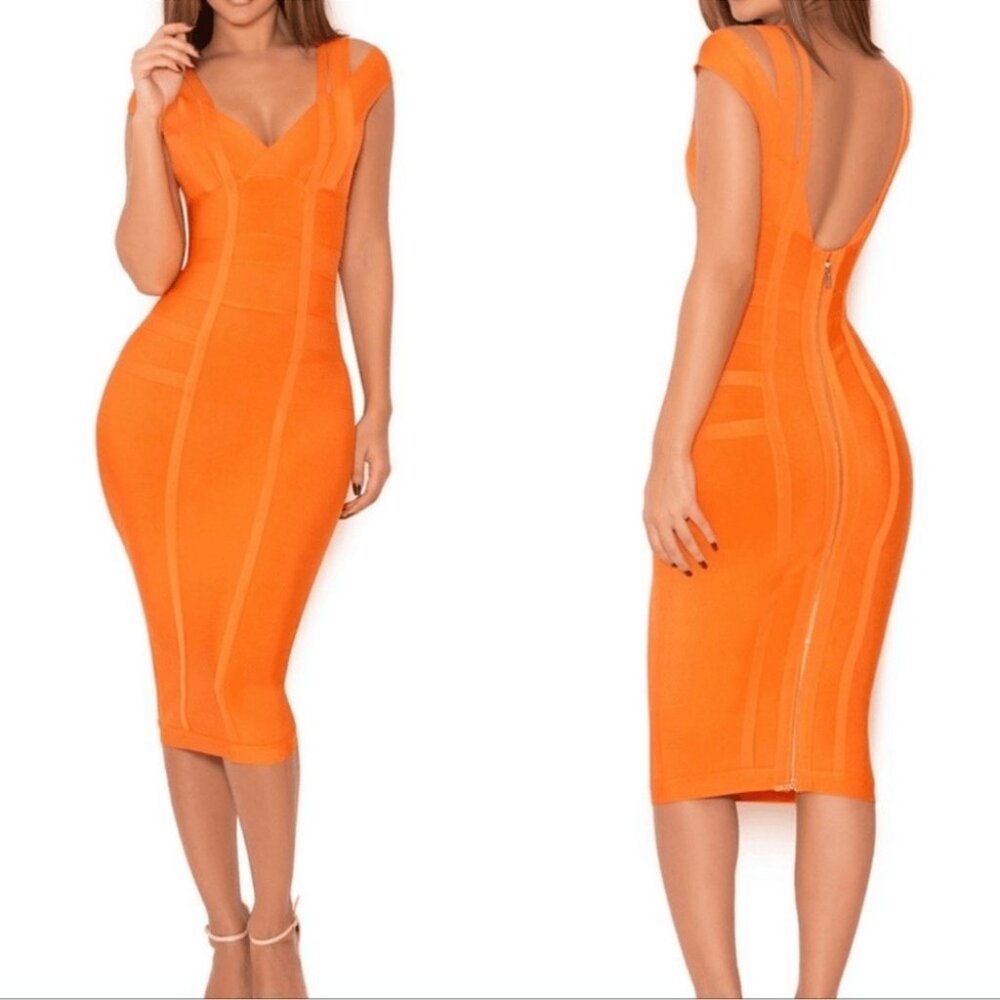 House of CB London Mimi Orange Midi Bandage Bodycon Dress. Size S.